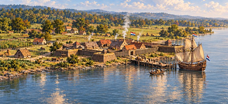 Illustrated Dutch colonial riverfront settlement at Fort Orange and the upper Hudson, with a merchant ship at the dock