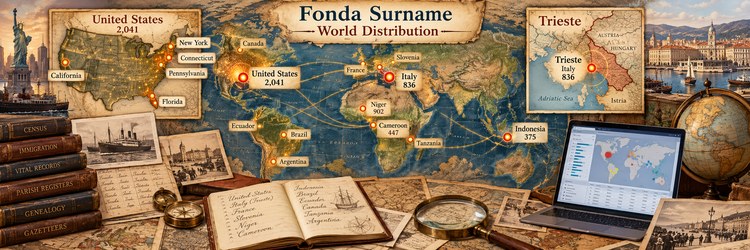 Illustrated 2026 Fonda surname world distribution graphic showing global totals, U.S. states, and the Trieste concentration